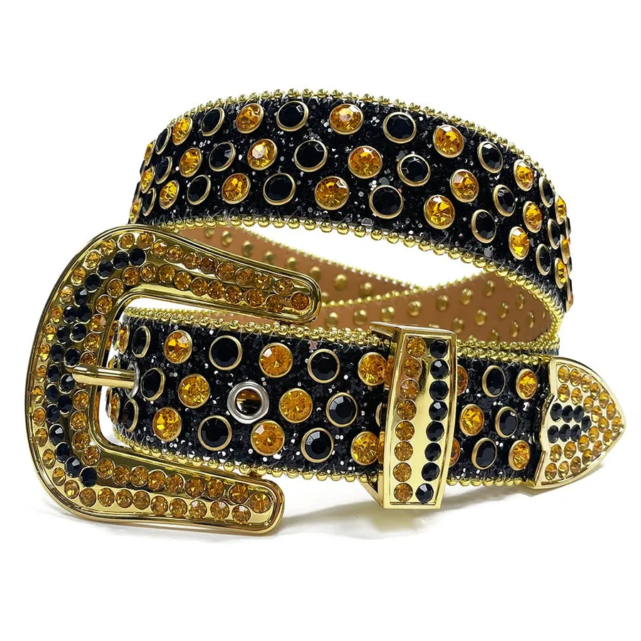 Mens Rhinestones Alligator Leather Belt Black Gold