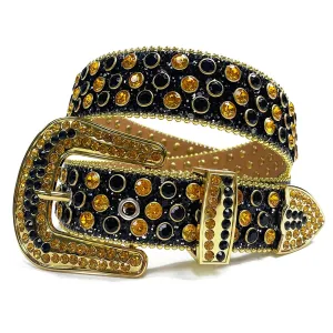 Mens Rhinestones Alligator Leather Belt Black Gold