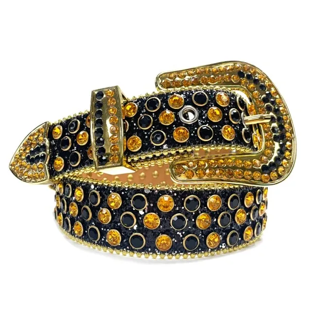 Mens Rhinestones Alligator Leather Belt Black Gold
