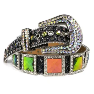 Mens Rhinestones Alligator Leather Belt Black Green