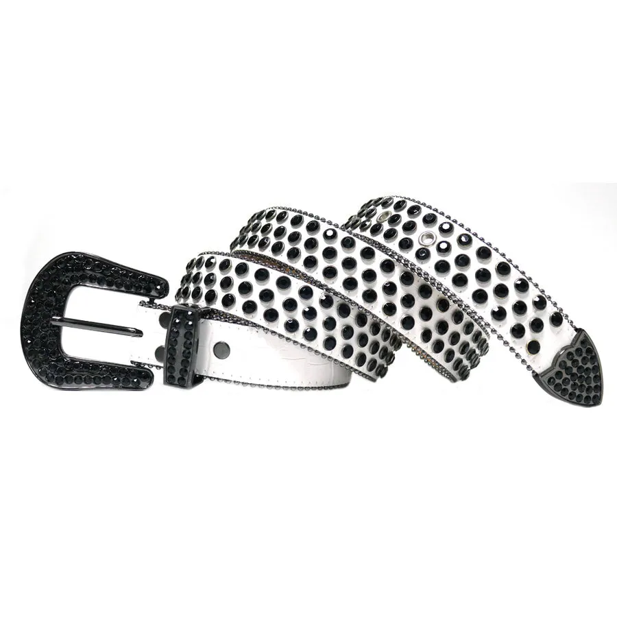 Mens Rhinestones Alligator Leather Belt Black White