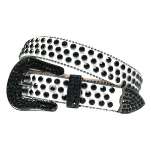 Mens Rhinestones Alligator Leather Belt Black White