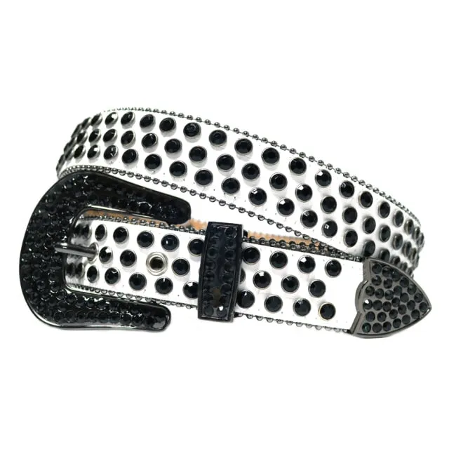 Mens Rhinestones Alligator Leather Belt Black White