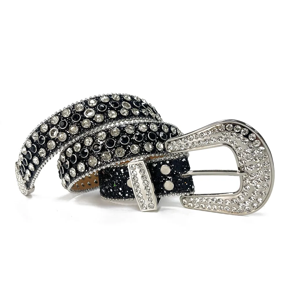Mens Rhinestones Alligator Leather Belt Black