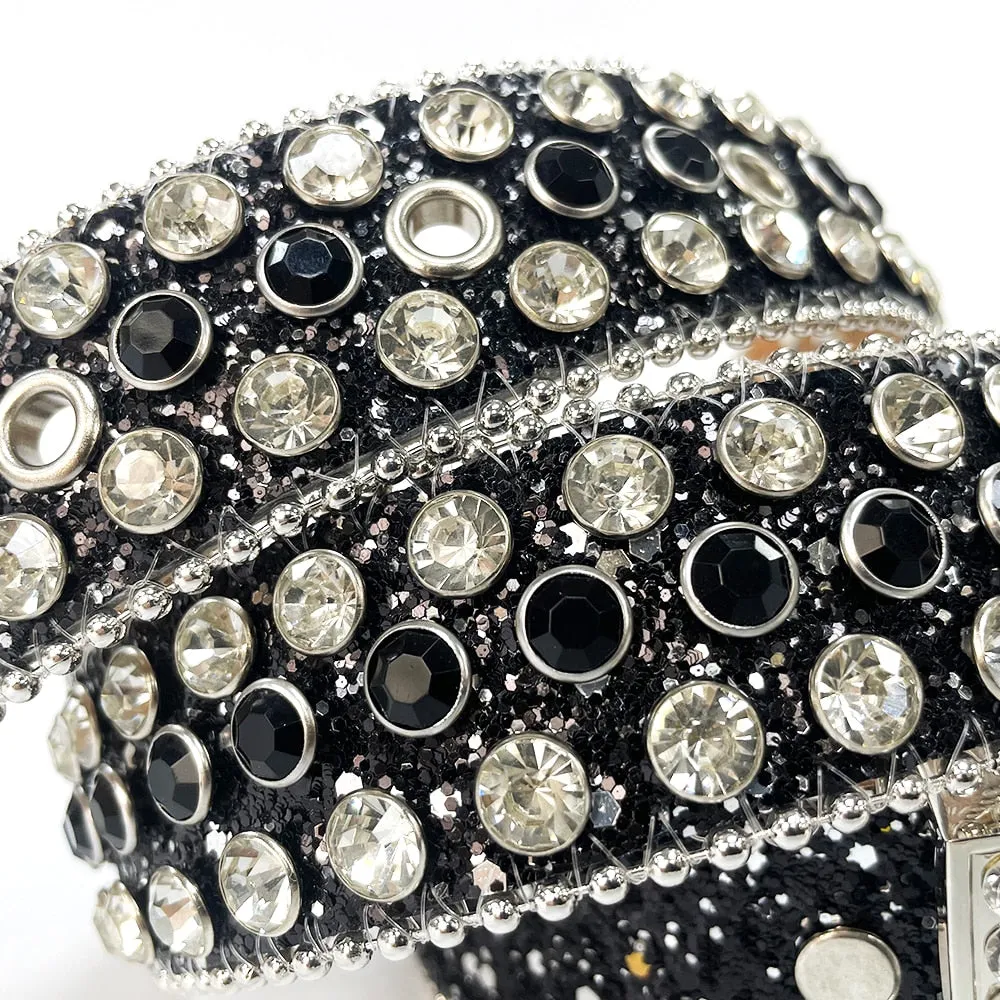 Mens Rhinestones Alligator Leather Belt Black