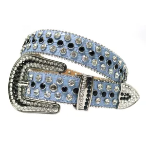 Mens Rhinestones Alligator Leather Belt Blue White