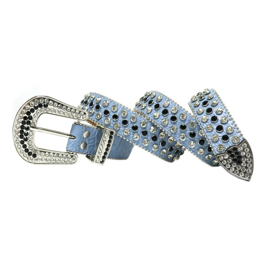 Mens Rhinestones Alligator Leather Belt Blue White