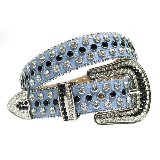 Mens Rhinestones Alligator Leather Belt Blue White