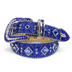 Mens Rhinestones Alligator Leather Belt Blue