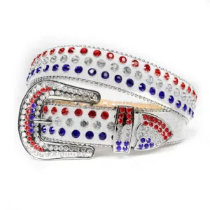 Mens Rhinestones Alligator Leather Belt Colorful White