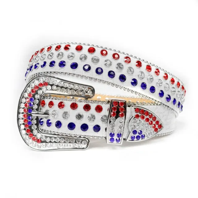 Mens Rhinestones Alligator Leather Belt Colorful White