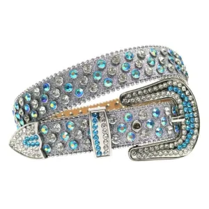 Mens Rhinestones Alligator Leather Belt Gray Blue