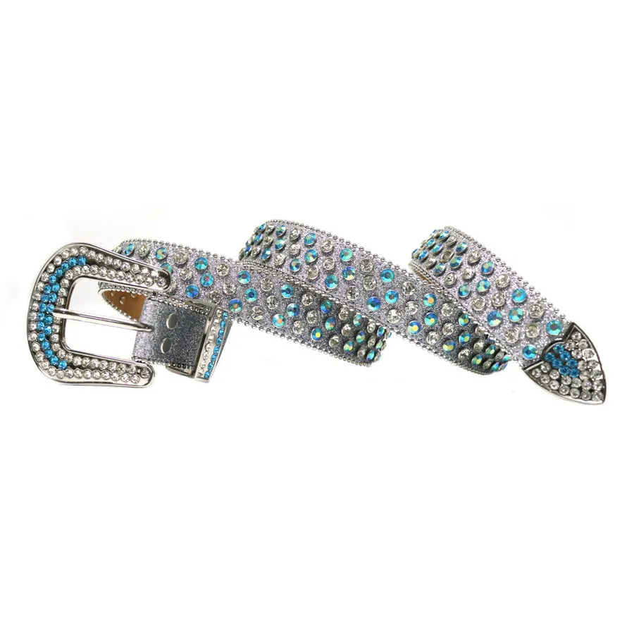 Mens Rhinestones Alligator Leather Belt Gray Blue
