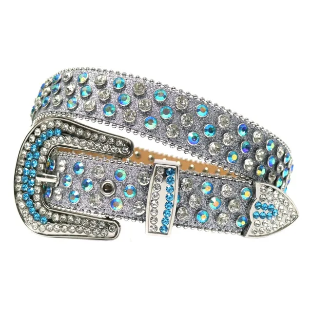 Mens Rhinestones Alligator Leather Belt Gray Blue