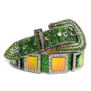 Mens Rhinestones Alligator Leather Belt Green