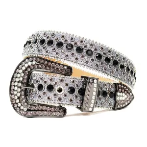Mens Rhinestones Alligator Leather Belt Grey Purple