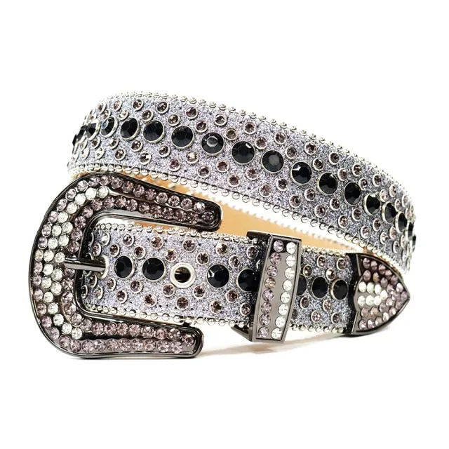 Mens Rhinestones Alligator Leather Belt Grey Purple