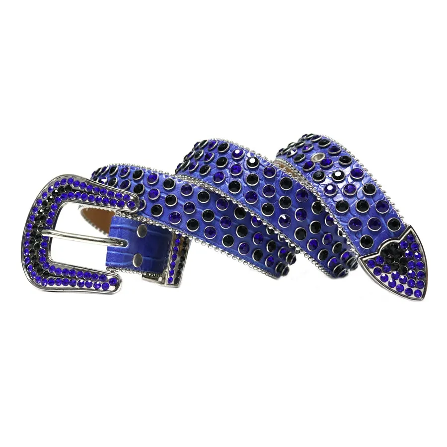Mens Rhinestones Alligator Leather Belt Navy Blue