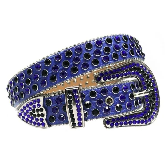 Mens Rhinestones Alligator Leather Belt Navy Blue