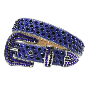 Mens Rhinestones Alligator Leather Belt Navy Blue