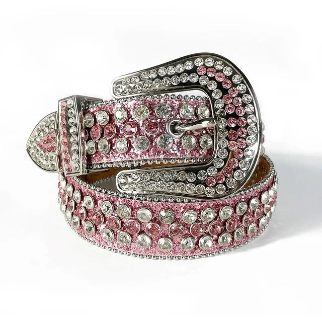Mens Rhinestones Alligator Leather Belt Pink