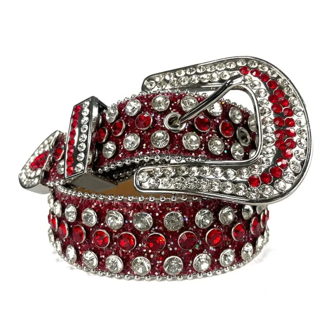 Mens Rhinestones Alligator Leather Belt Red
