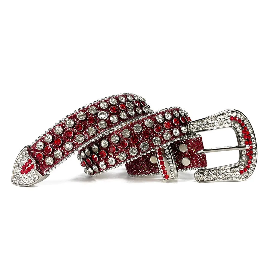Mens Rhinestones Alligator Leather Belt Red