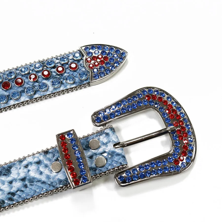 Mens Rhinestones Alligator Leather Belt Serpentine Blue