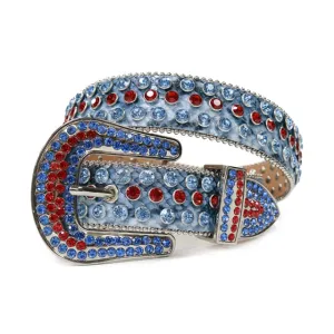 Mens Rhinestones Alligator Leather Belt Serpentine Blue
