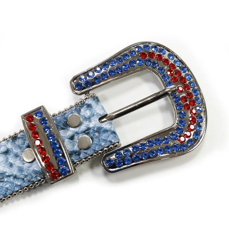 Mens Rhinestones Alligator Leather Belt Serpentine Blue
