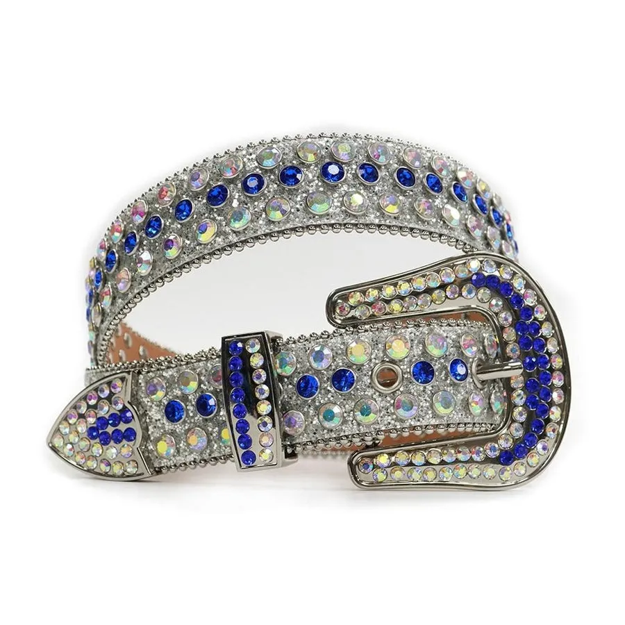 Mens Rhinestones Alligator Leather Belt Silver Blue
