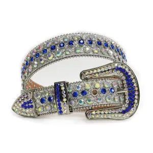 Mens Rhinestones Alligator Leather Belt Silver Blue