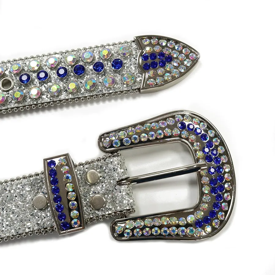 Mens Rhinestones Alligator Leather Belt Silver Blue