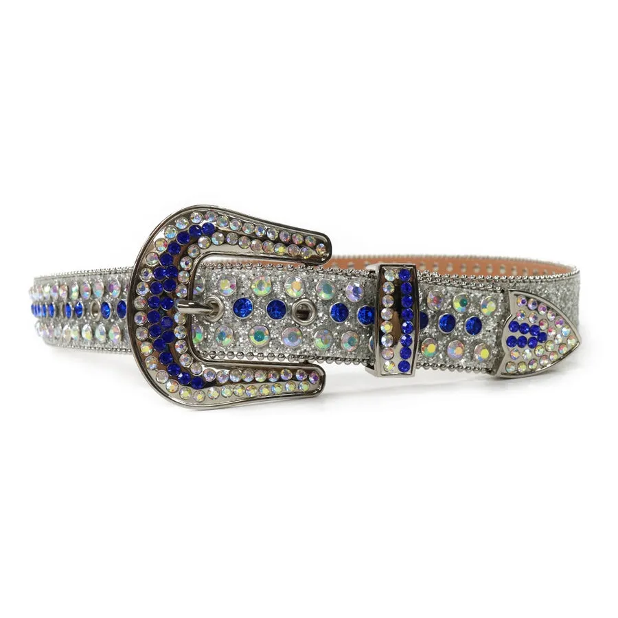 Mens Rhinestones Alligator Leather Belt Silver Blue