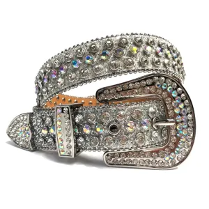 Mens Rhinestones Alligator Leather Belt Silver