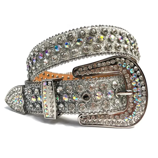 Mens Rhinestones Alligator Leather Belt Silver