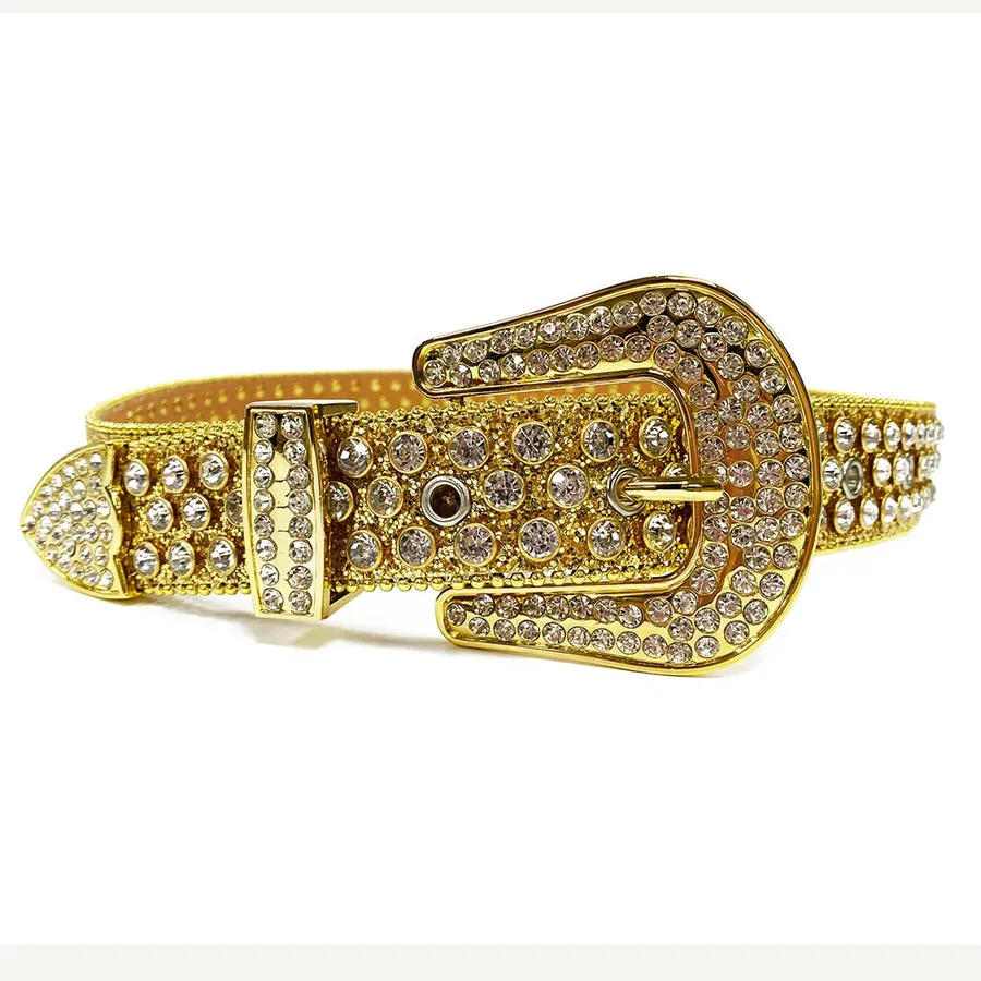 Mens Rhinestones Alligator Leather Belt White Gold