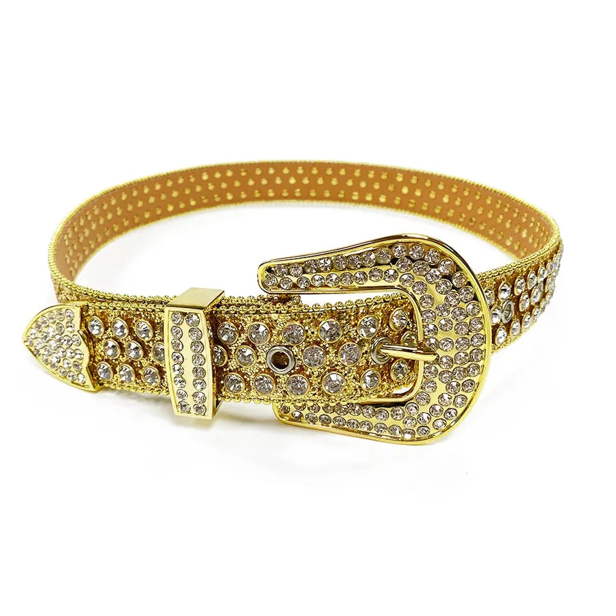 Mens Rhinestones Alligator Leather Belt White Gold