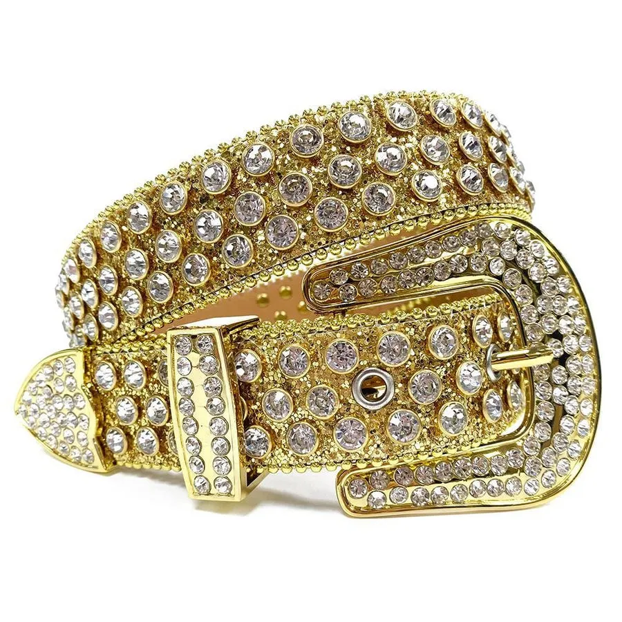 Mens Rhinestones Alligator Leather Belt White Gold