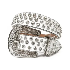 Mens Rhinestones Alligator Leather Belt White