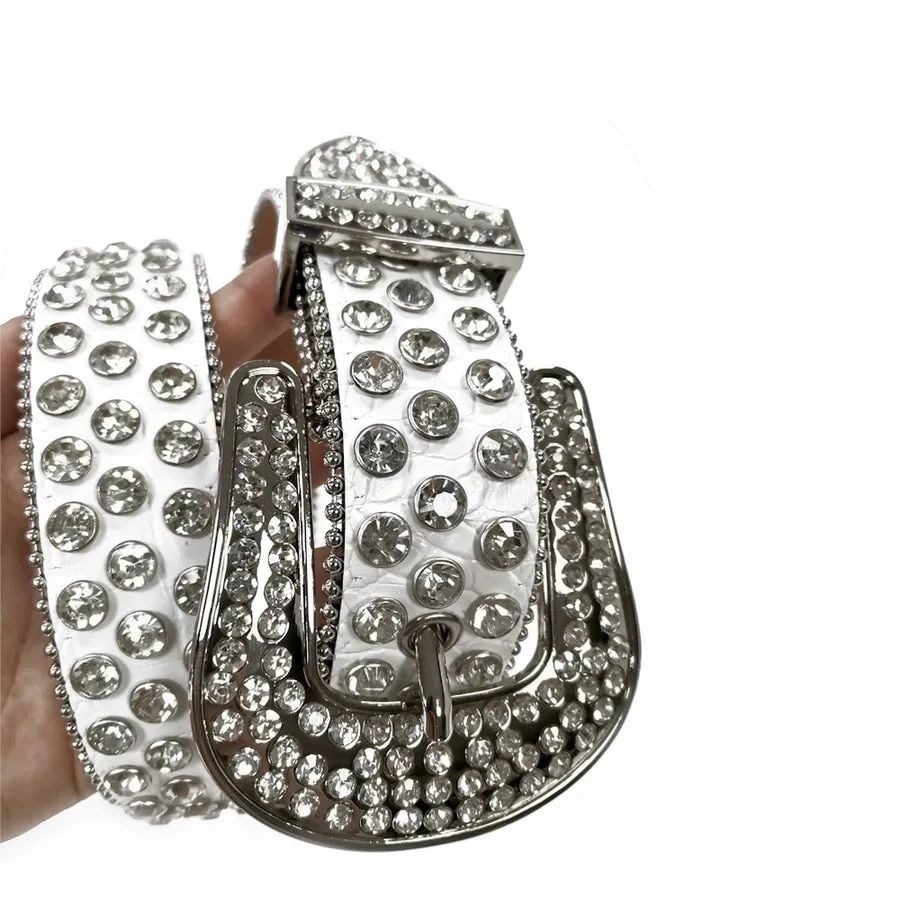 Mens Rhinestones Alligator Leather Belt White