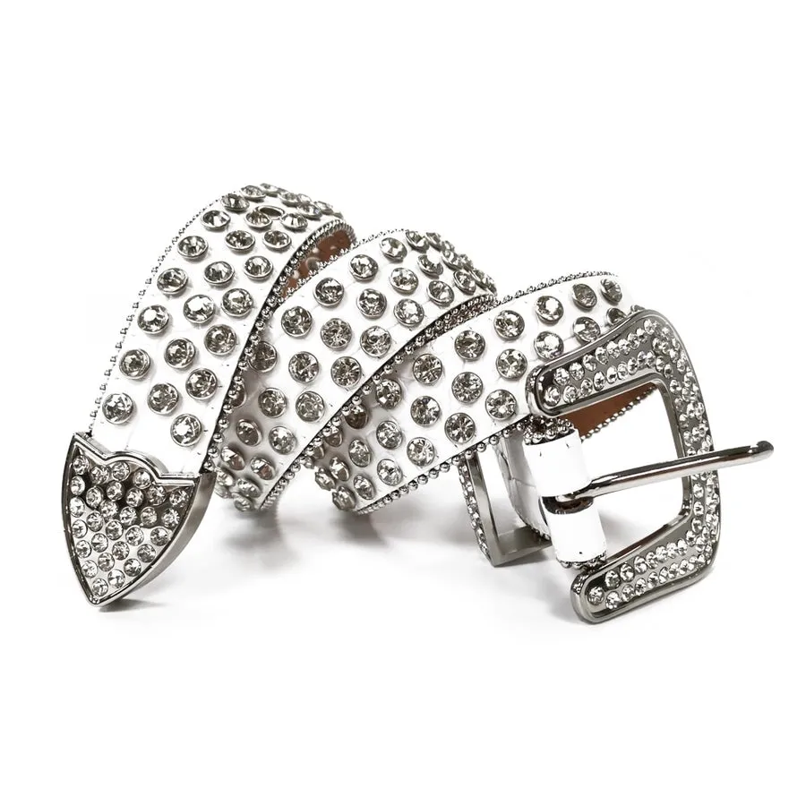 Mens Rhinestones Alligator Leather Belt White