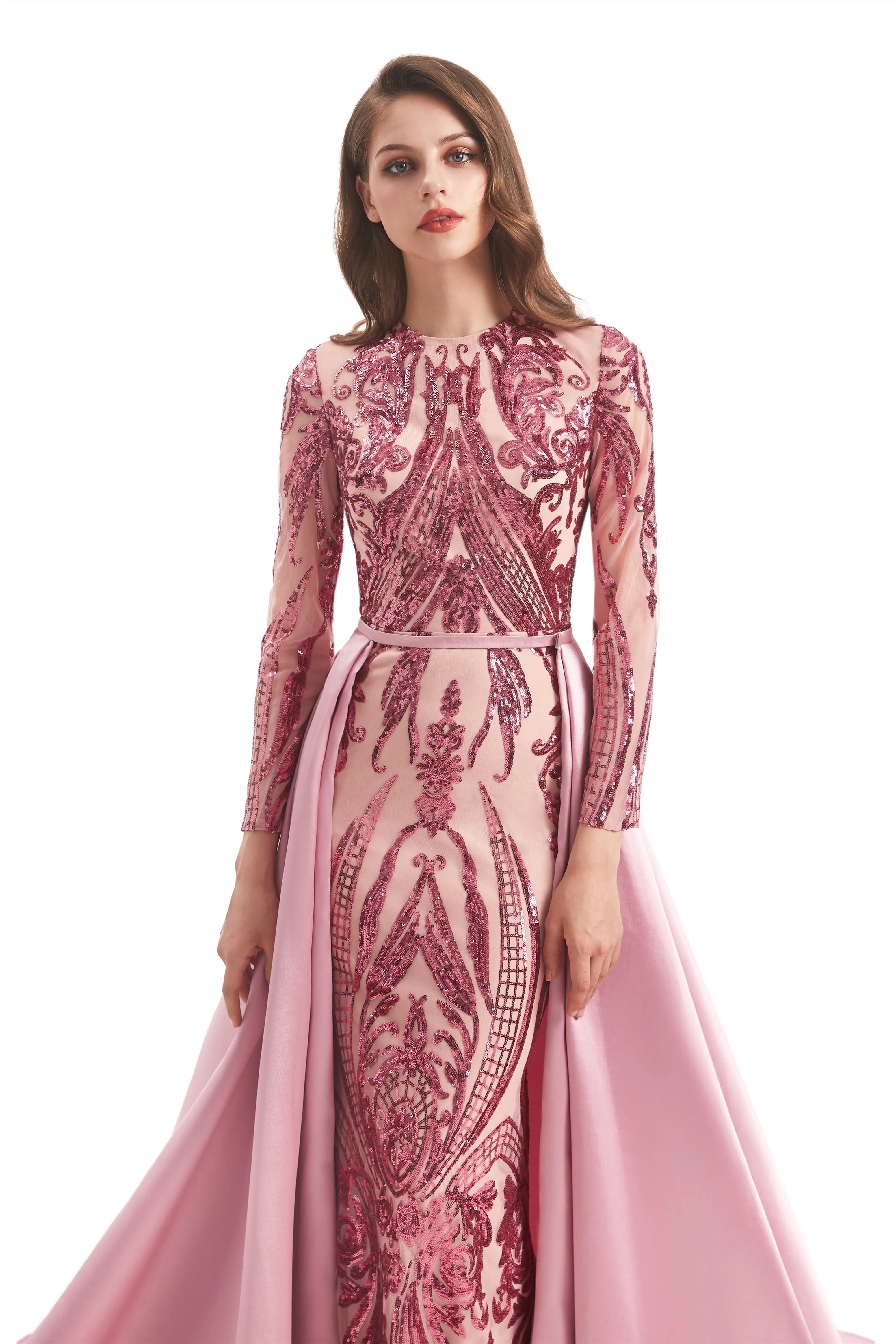 Mermaid Jewel With Detachable Train Sequined Floor-length Long Sleeve Appliques Lace Prom Dress