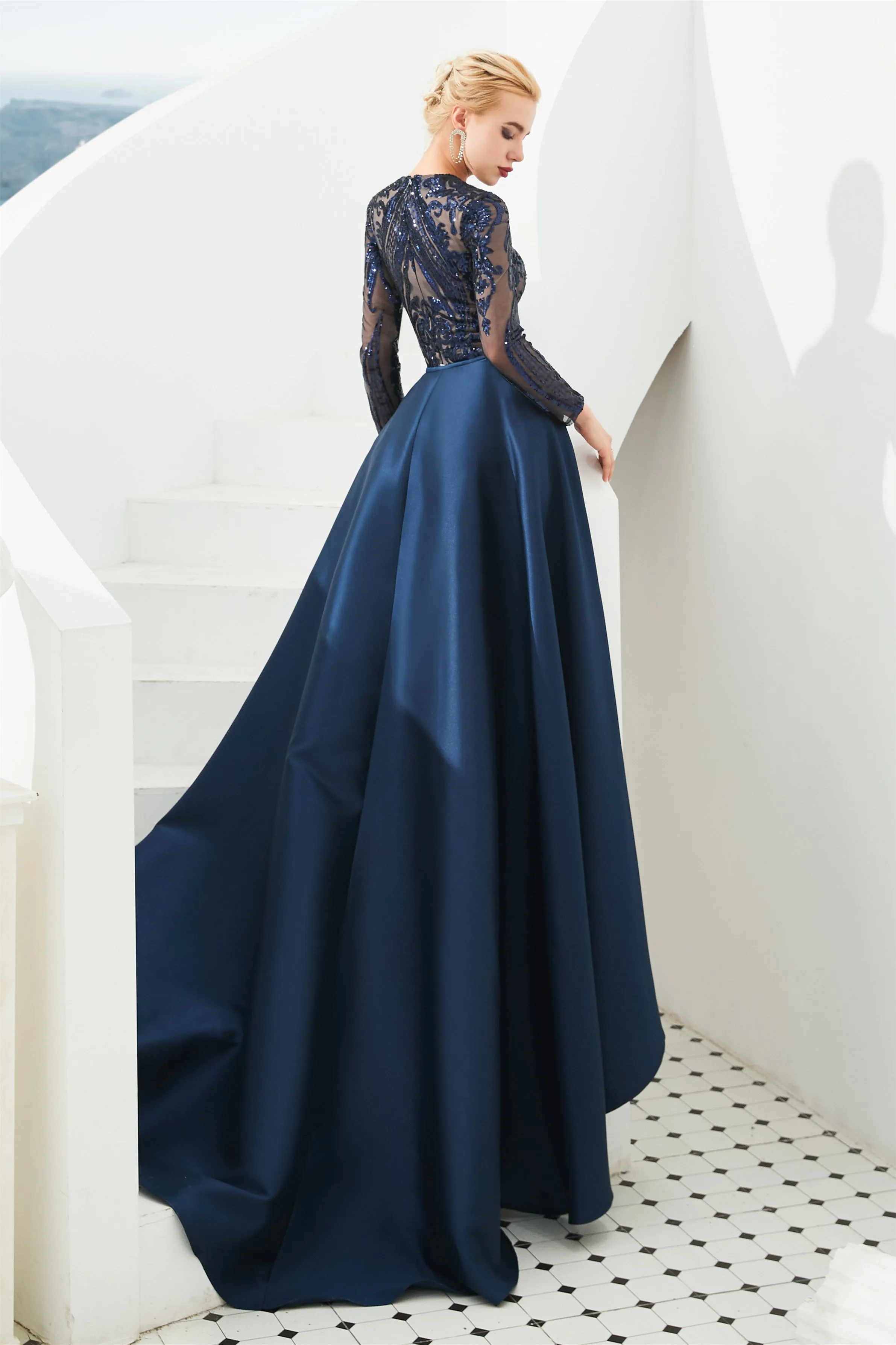Mermaid Jewel With Detachable Train Sequined Floor-length Long Sleeve Appliques Lace Prom Dress