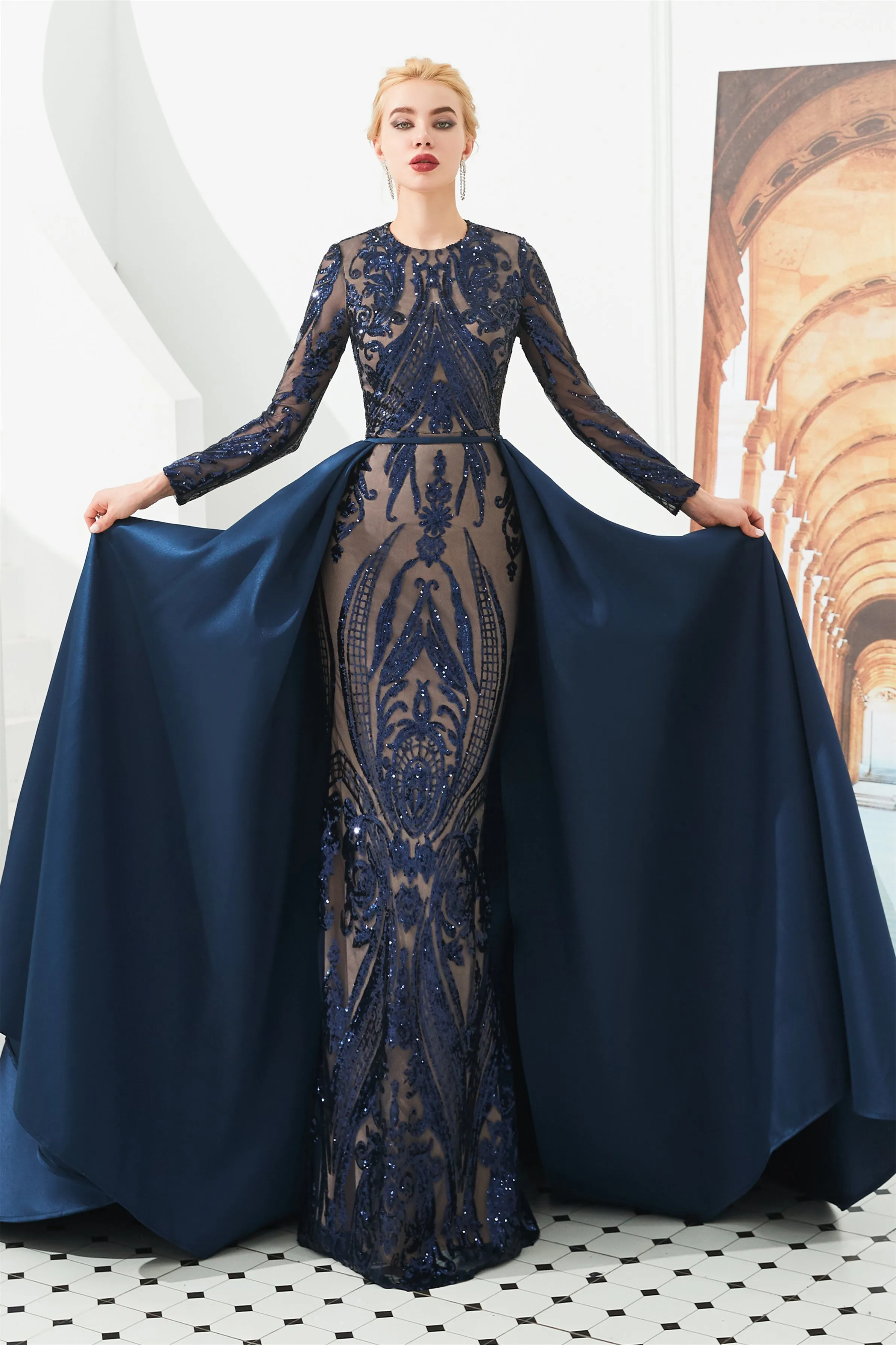 Mermaid Jewel With Detachable Train Sequined Floor-length Long Sleeve Appliques Lace Prom Dress