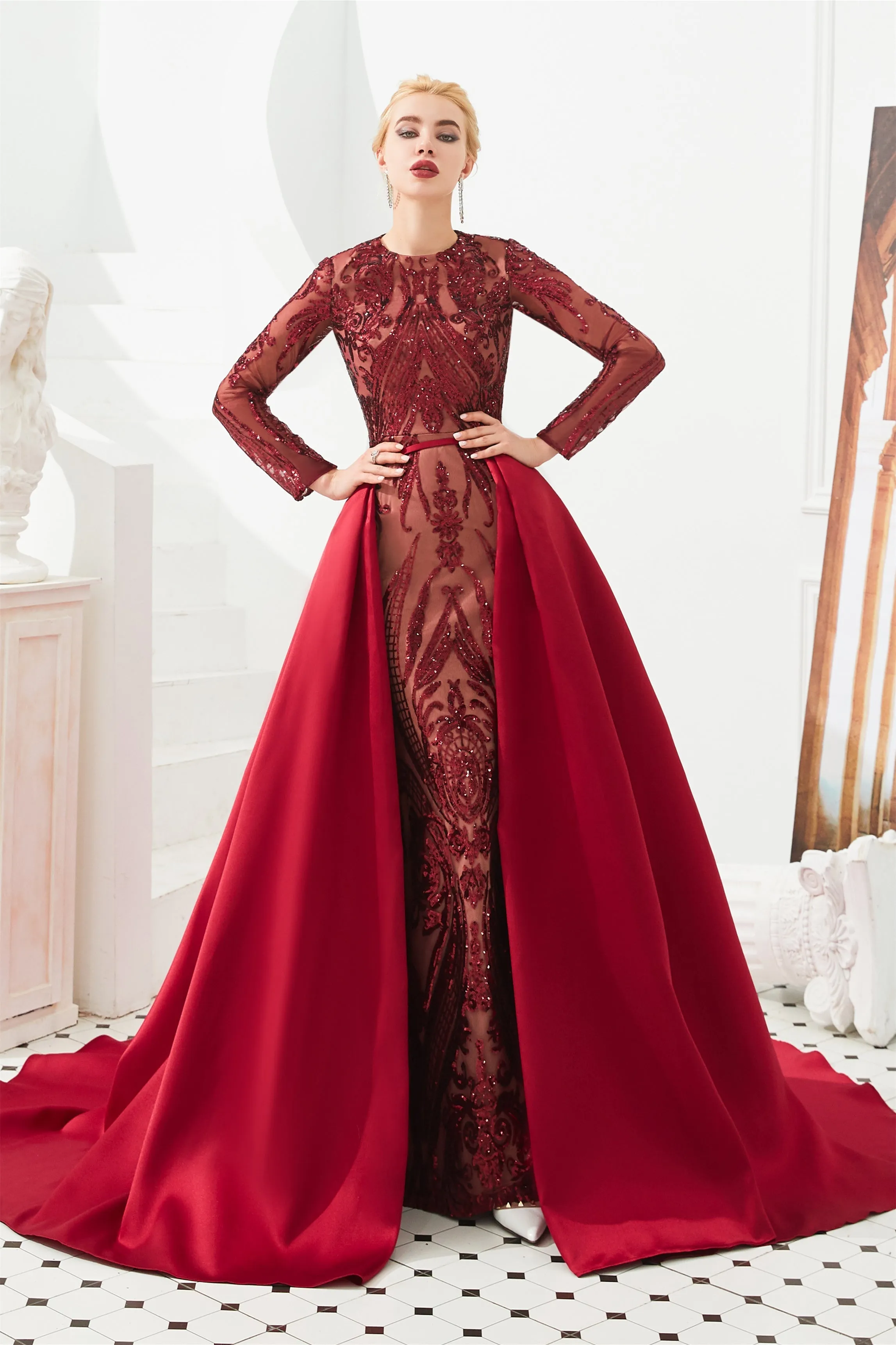 Mermaid Jewel With Detachable Train Sequined Floor-length Long Sleeve Appliques Lace Prom Dress