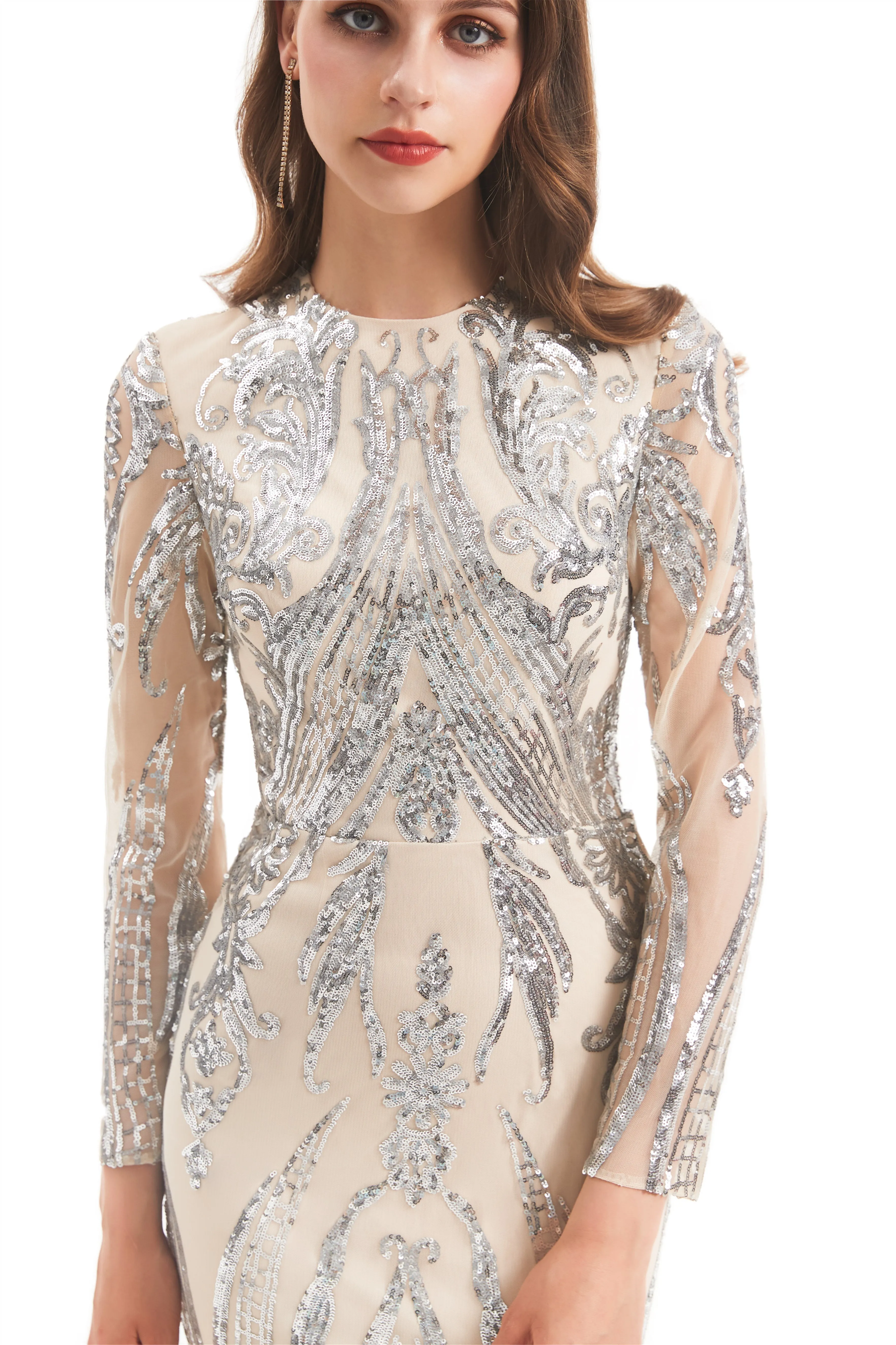 Mermaid Jewel With Detachable Train Sequined Floor-length Long Sleeve Appliques Lace Prom Dress