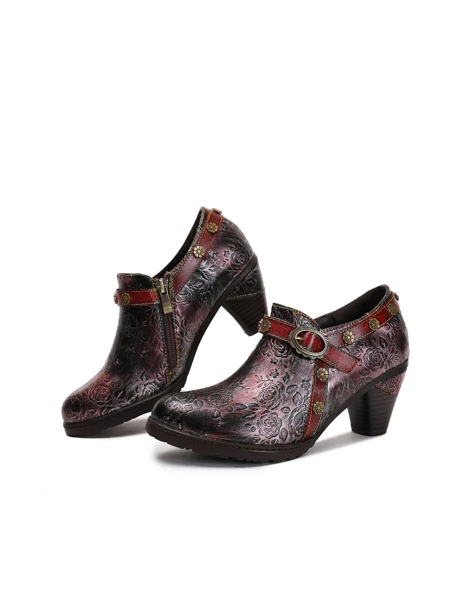 Metallic Mulberry Floral Embossed Leather Bootie