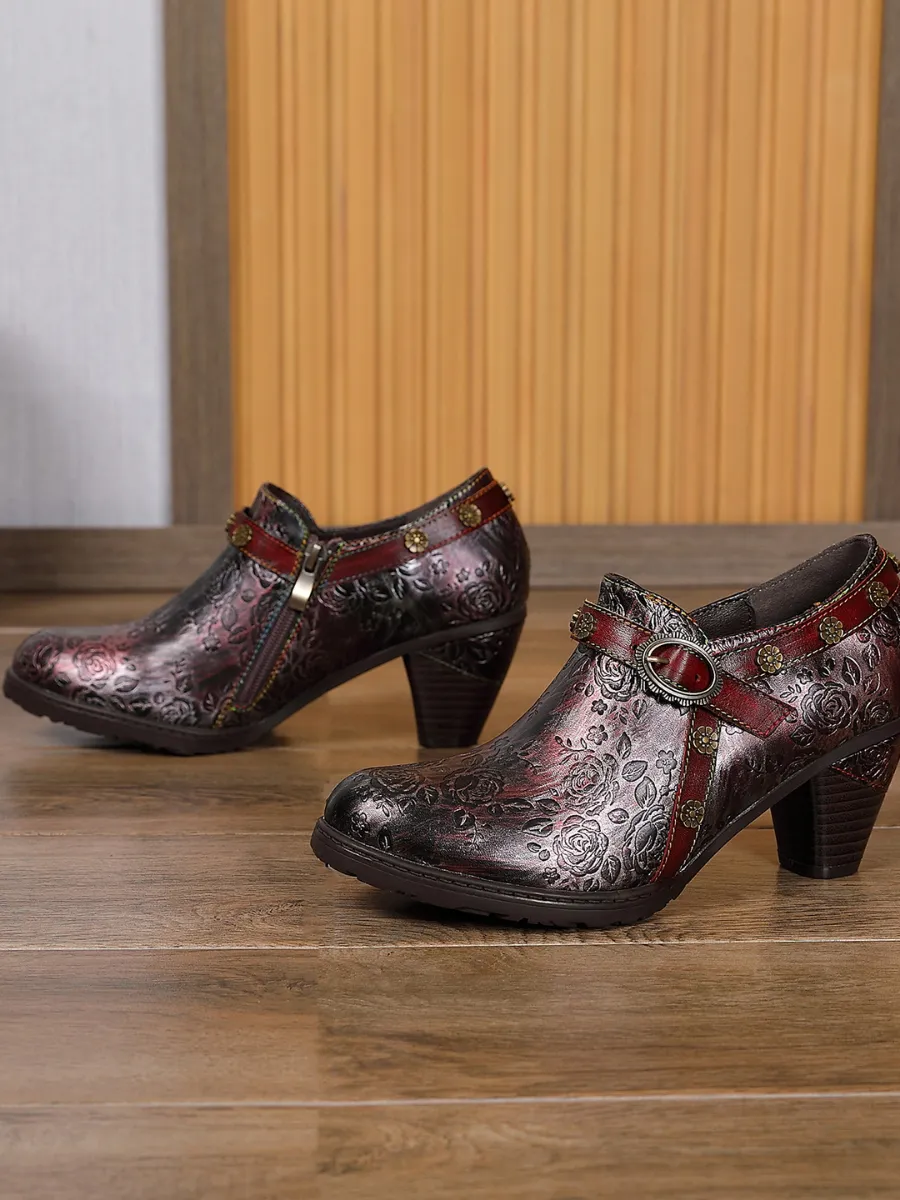 Metallic Mulberry Floral Embossed Leather Bootie