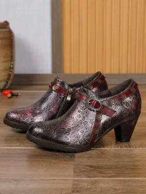Metallic Mulberry Floral Embossed Leather Bootie